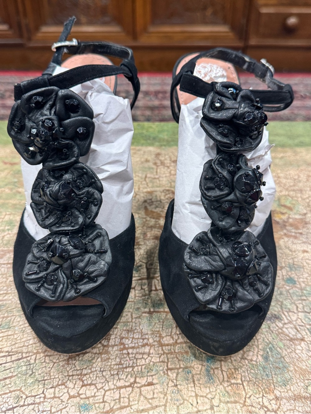 Black VINCE CAMUTO Floral Embellished Women’s Heels